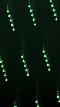 Luminous Green Digital Data Streams And Glowing Nodes Fall Vertically Against A Black Background