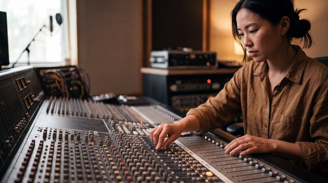Sound engineer adjusting audio fader on analog mixing console in recording studio. Asian music producer balancing track levels during acoustic sound editing session.