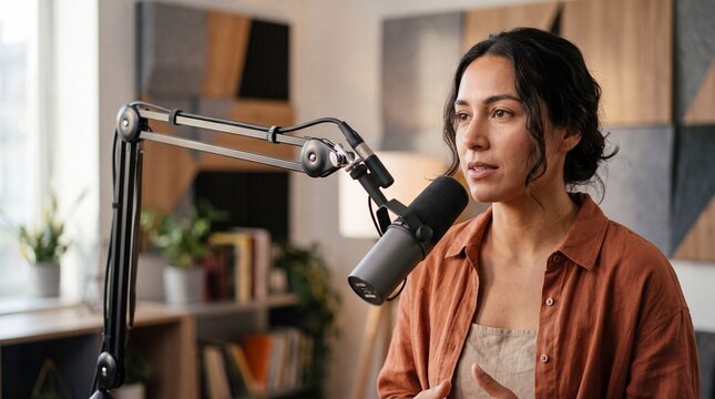 Podcaster speaking into broadcast microphone in modern acoustic studio. Hispanic woman recording interview dialogue and managing sound production