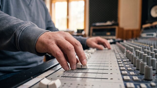 Sound engineer adjusting fader on mixing console in recording studio. Producer balancing track volume levels during an audio mixing session and music album post production.