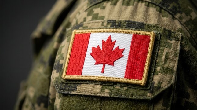 Canadian flag with maple leaf on a military uniform patch, symbolizing defense, armed forces, and service to nation.