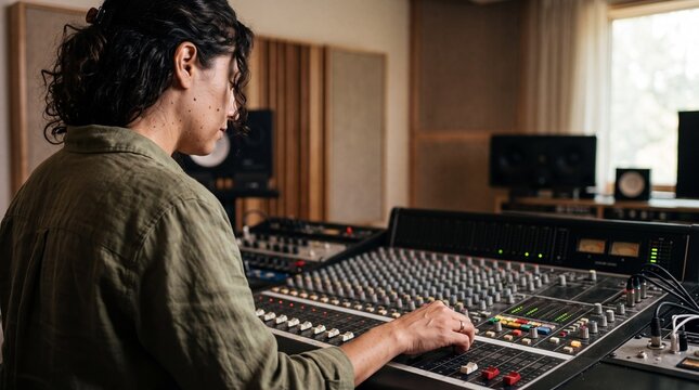 Sound engineer adjusting faders on large mixing console in recording studio. Hispanic female music producer balances tracks during analog audio mixing and sound mastering workflow.