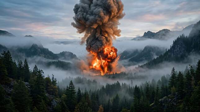 Massive explosion with thick smoke rising over a misty mountain forest landscape.