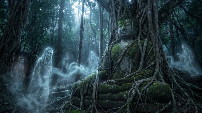 Moss-covered Buddha statue in mystical forest with ethereal spirits