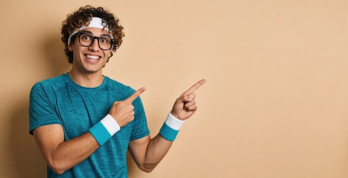 Funny young athlete with curly hair wears headband, glasses. Muscular guy in teal sportswear points at empty copy space on beige wall. Silly man makes crazy facial expression, smiles showing humor,