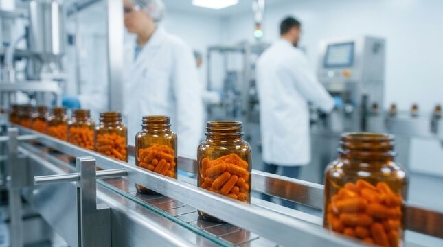 Workers in lab coats operate modern production line equipment for healthcare drug manufacturing.