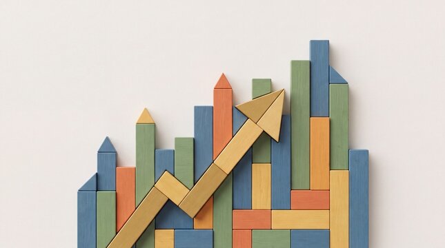 Wooden block chart showing business growth and upward trend