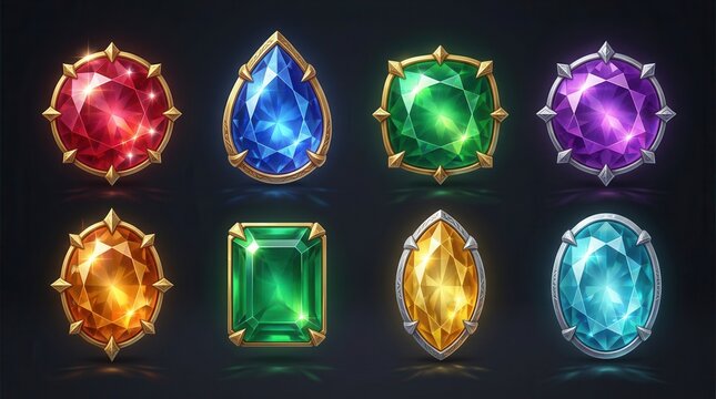 Various colored jewels and shaped diamonds perfect for web projects and game design.