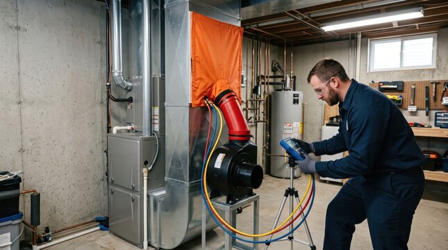 HVAC technician performing duct leakage test with duct blaster fan and manometer in basement