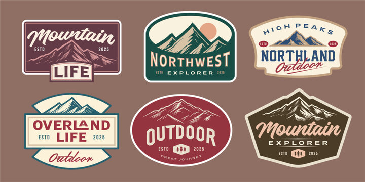 Set Of Vintage Outdoor Mountain Adventure Badges And Retro Camping Logos Collection For Explorer Labels Hiking Patch And Wilderness Vector