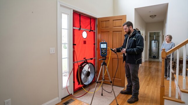 Technician conducting blower door air leakage test with manometer and homeowner in entryway