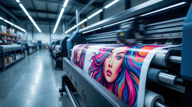 Industrial printing machine in a factory creating a vinyl graphic on a paper roll.