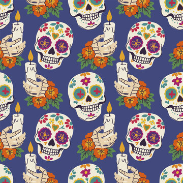 Colorful Mexican Day of the Dead vector seamless pattern with sugar skulls and marigold.