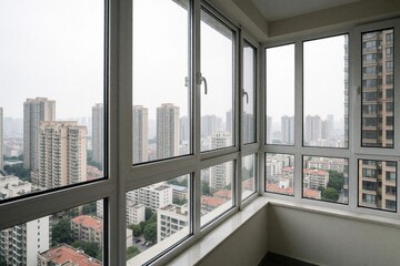 Fototapeta premium Modern apartment balcony with large white windows, city view. High rise residential buildings under cloudy sky. Empty terrace offers wide urban panorama from top floor. Real estate concept for luxury