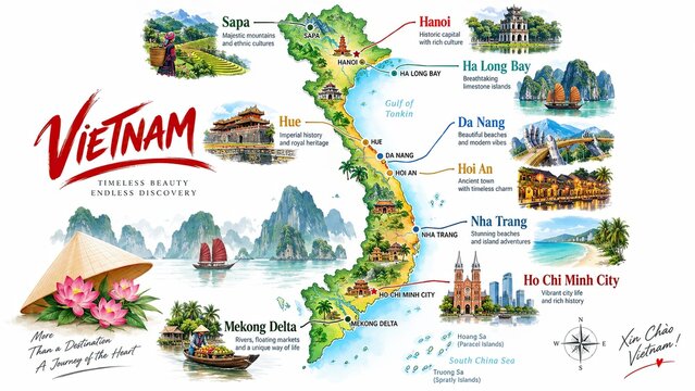 Vietnam travel illustration map featuring scenic destinations, landmarks, traditional culture, and coastal landscapes.