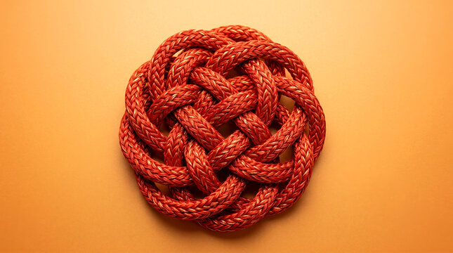 Red braided cord decorative knot with Celtic pattern on bright orange background as symbol of unity and eternity [copy space]
