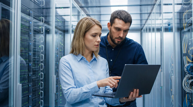IT specialists inspecting a laptop between server racks in a secure data center with glass panels and network cables