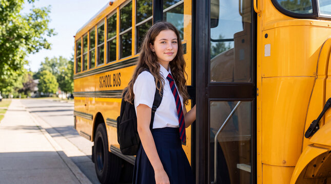 Student standing beside yellow school bus with backpack and uniform at open door on sunny suburban street