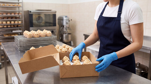 Baker arranging decorated cupcakes in open cardboard boxes, wearing gloves and apron in a commercial bakery kitchen workspace
