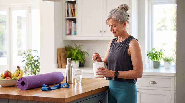 Mature woman preparing a nutritional drink beside a yoga mat, water bottle, and glass on a bright kitchen island at home