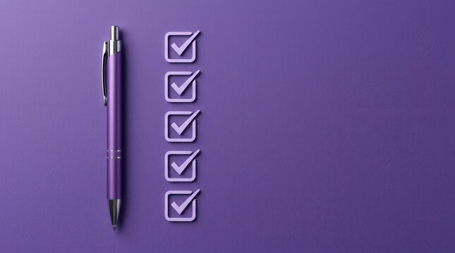 Minimalist design featuring a purple pen and completed task checkboxes for productivity and success.