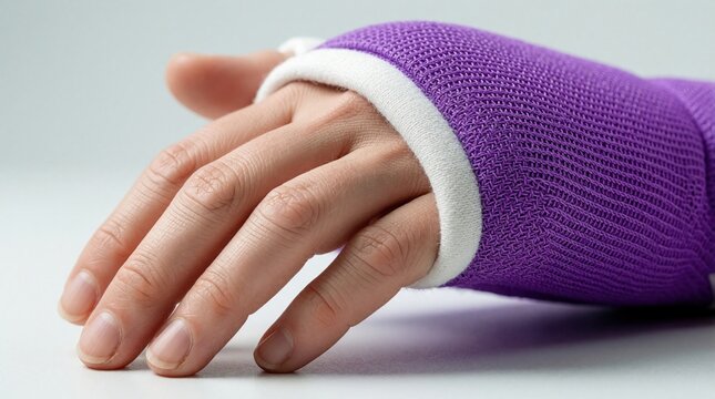 Closeup of human hand in purple fiberglass cast. Patient broken bone wrist fracture. Medical orthopedic splint provides support, immobilization for healing process. Injury recovery concept shows