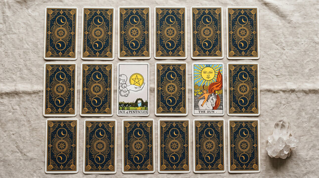 Tarot cards laid out in grid with Ace of Pentacles and Sun card beside quartz crystal