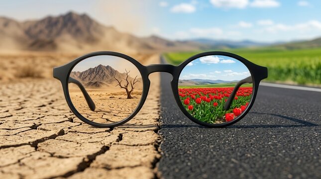 A hopeful outlook through glasses revealing a green field with tulips instead of a dry desert.