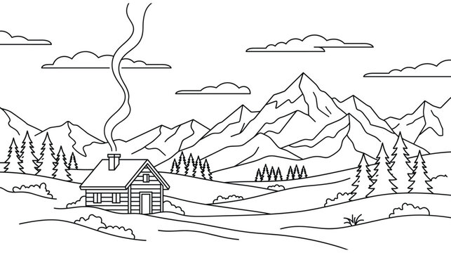 Winter mountain landscape coloring page with cozy cabin and pine forest view.