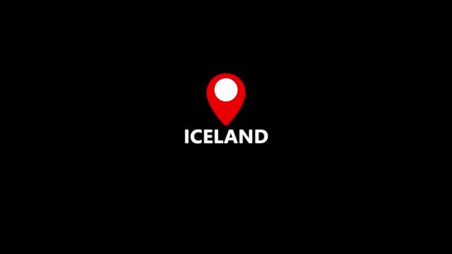 Iceland name with location icon animation. Alpha matte with transparent background 4K resolution.
