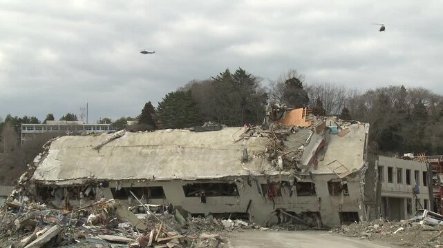 Large Destroyed Concrete Building In Aftermath Of Tsunami In Japan
