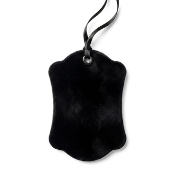 Sophisticated black velvet-textured luxury hang tag with a sculptural silhouette, polished metal eyelet, and satin cord, ideal for premium fashion, jewelry, fragrance, and boutique packaging.