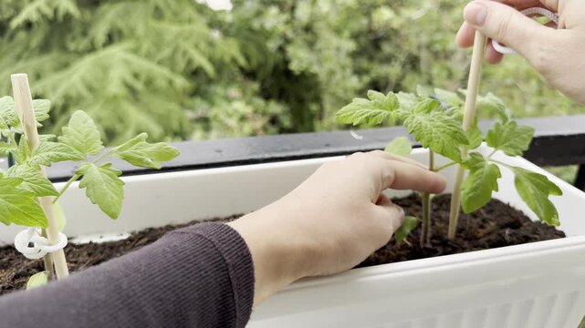 A woman ties tomato plants to a support for better stability, ensuring they grow correctly and yield a good harvest. Urban home gardening concept.