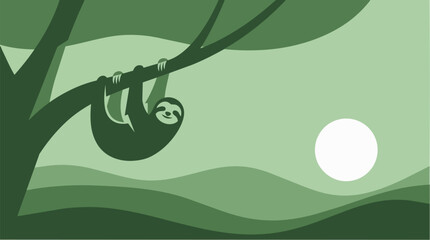 Obraz premium Stylized Minimalist Illustration of a Cute Sloth Hanging from a Tree Branch in a Serene Green Forest Landscape under a Full Moon