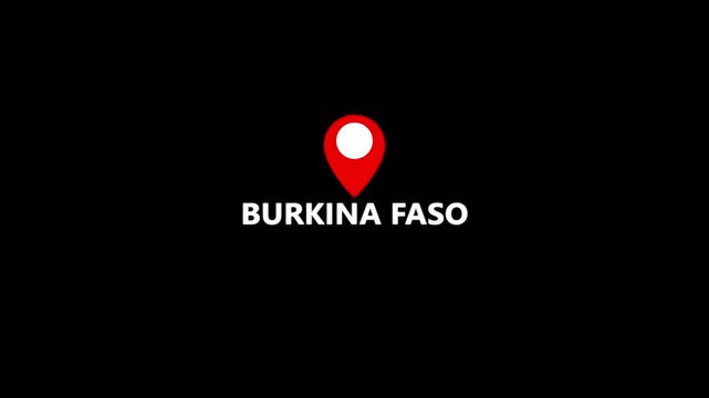 Burkina Faso Location Pin and Country Name Graphic with Vivid Red Navigation Marker and Bold White Typography on Black Background, Clean West African Geographic Identification Symbol 
