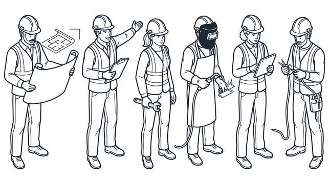 Isometric worker set black and white outline drawing vector illustration concepts.