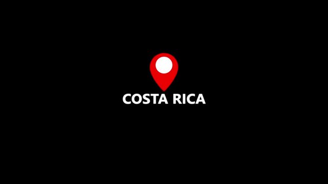 Costa Rica Location Pin and Country Name Graphic with Bright Red Navigation Marker and Clean White Typography on Black Background, Distinct Central American Geographic Identification Symbol 