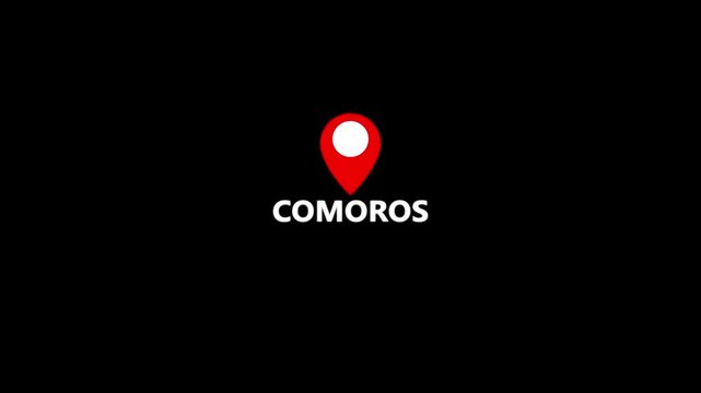Comoros Location Pin and Country Name Graphic with Vivid Red Navigation Marker and Bold White Typography on Black Background, Distinct East African Island Geographic Identification Symbol for Travel