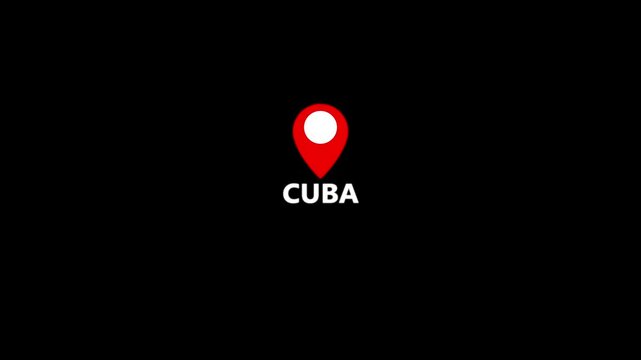 Cuba Location Pin and Country Name Graphic with Vibrant Red Navigation Marker and Bold White Typography on Black Background, Distinct Caribbean Geographic Identification Symbol 