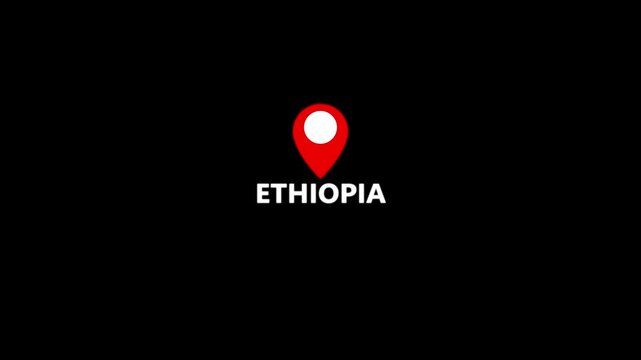 Abstract Ethiopia map location pin animation. Country location pin pointer icon animated on black background, GPS location tracking animation. 4K video