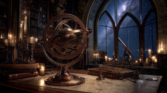 Astronomer's or wizard's study featuring an armillary sphere, an old telescope, and a starlit arched window.