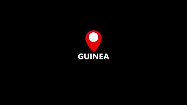 Guinea map location pin animation. Guinea country name text down location pin pointer icon black background 4K video.