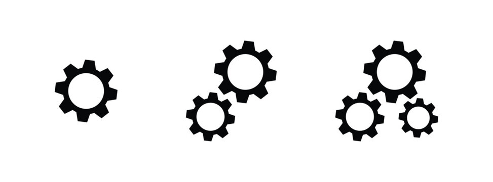 Cogwheel gears set icon with cogs process symbol for teamwork and partnership progress concept, gear wheel mechanical black outline vector illustration