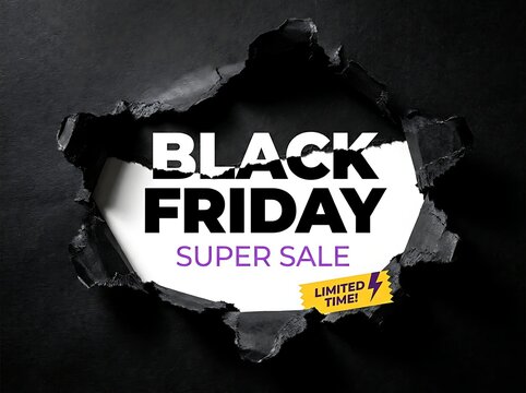 Black friday super sale promotional banner with a torn paper effect background