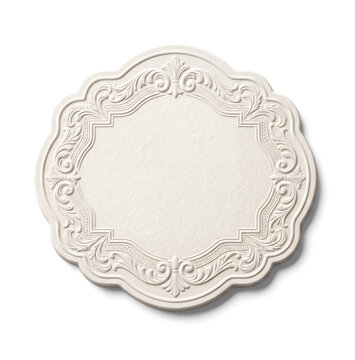 Elegant premium cotton-paper product label featuring a sophisticated sculptural blind-embossed frame and refined tactile surface, isolated for luxury packaging and branding concepts.