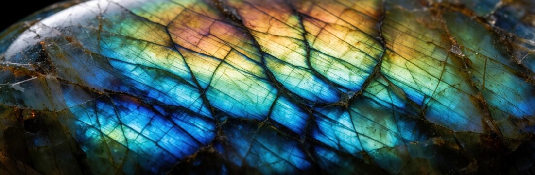 Macro view of polished labradorite stone surface. Iridescent blue, gold colors shine through natural cracks, fractures. Detailed mineral texture shows unique geological patterns, colorful