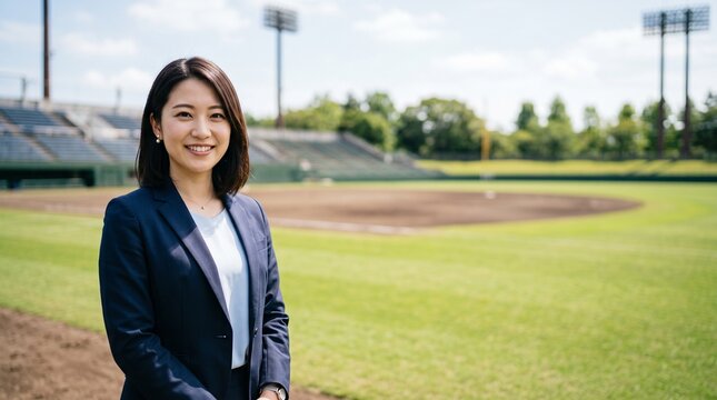 天然芝が広がる野球場のグラウンドを背景に穏やかな笑顔を見せる、知的で爽やかな20代日本人社員のプロフィールポートレート