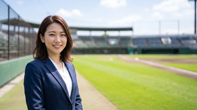 天然芝が広がる野球場のグラウンドを背景に穏やかな笑顔を見せる、知的で爽やかな20代日本人社員のプロフィールポートレート