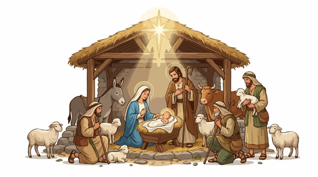 Nativity scene depicting the birth of Jesus Christ in a stable, surrounded by shepherds, animals, and the star of Bethlehem