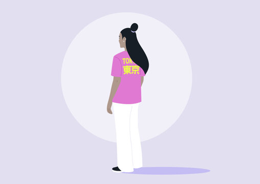 In a serene setting, a character stands in three-quarter back view, wearing a trendy t-shirt featuring the word Tokyo in english and Japanese, The background&rsquo;s soft colors enhance the stylish look